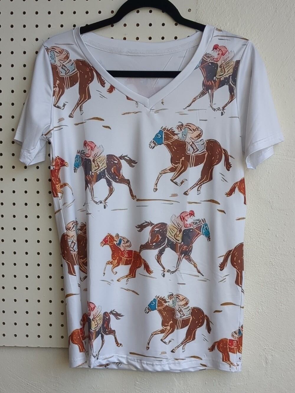 White Short-Sleeve V-Neck Tee with Equestrian Print